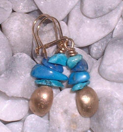 Gold 9caret earrings with turquoise and lapis lazuli beads