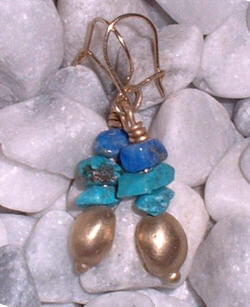 Gold 9caret earrings with turquoise and lapis lazuli beads