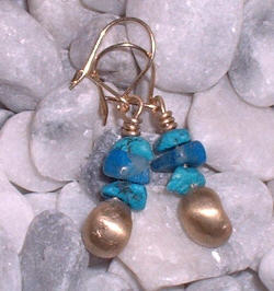 Gold 9caret earrings with turquoise and lapis lazuli beads