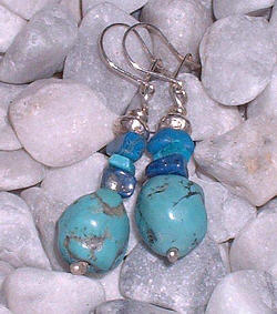 Silver earrings with large turquoise and small lapis lazuli beads