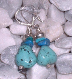 Silver earrings with large turquoise and small lapis lazuli beads