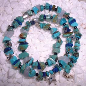 silver necklace with  turquoise,blue agate and lapis beads
