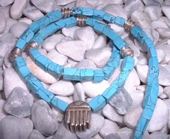 turquoise square bead necklace wth silver scrab